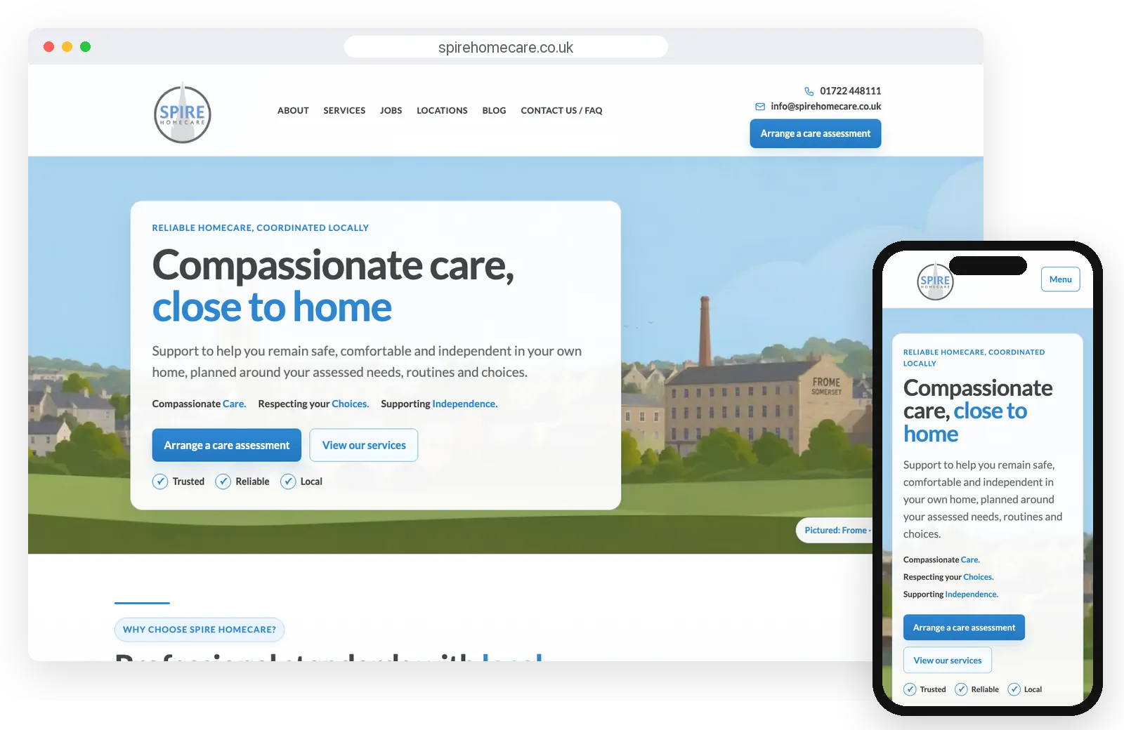 spirehomecare.co.uk homepage on desktop and mobile